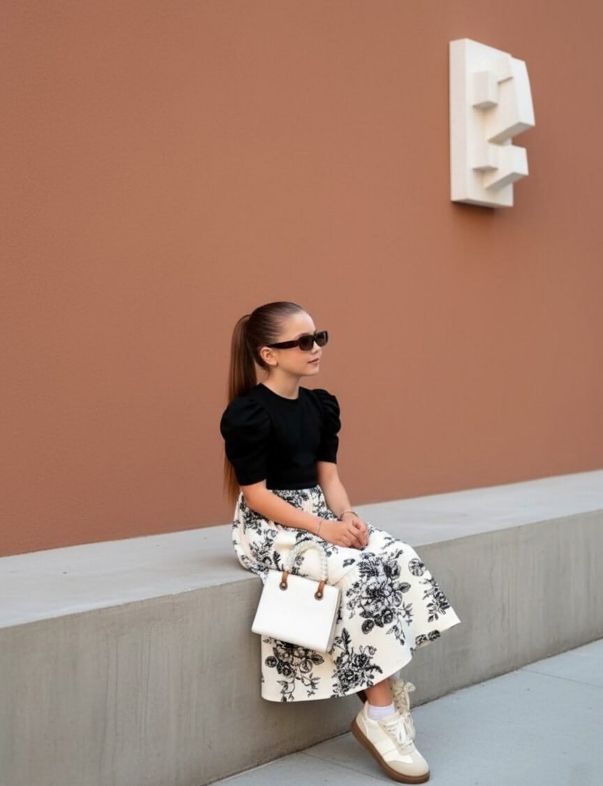 Multicolor Monochrome Blossom Kids Long Dress