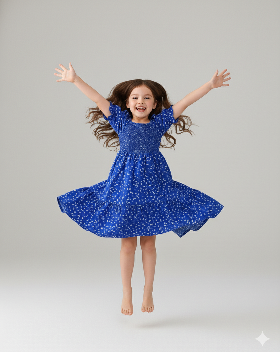Blue Floral Printed Short Sleeve Midi Kids Dress