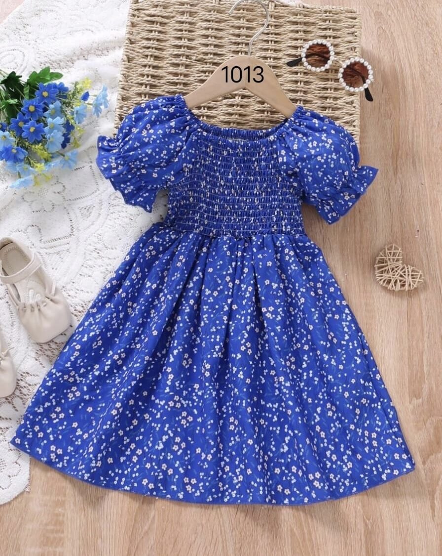 Blue Floral Printed Short Sleeve Midi Kids Dress