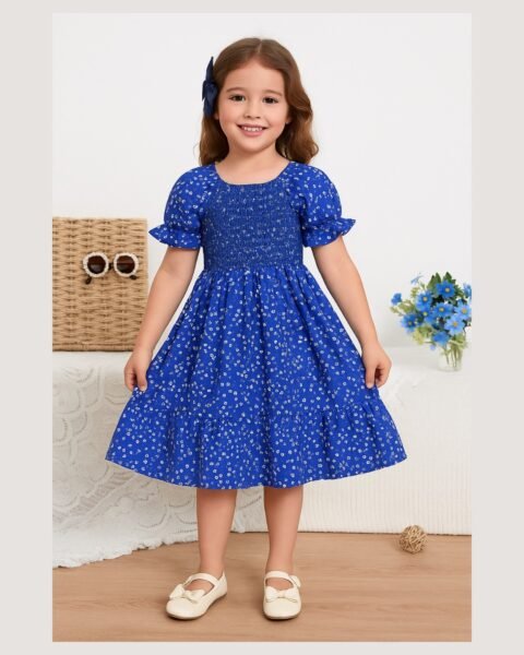 Blue Floral Printed Short Sleeve Midi Kids Dress