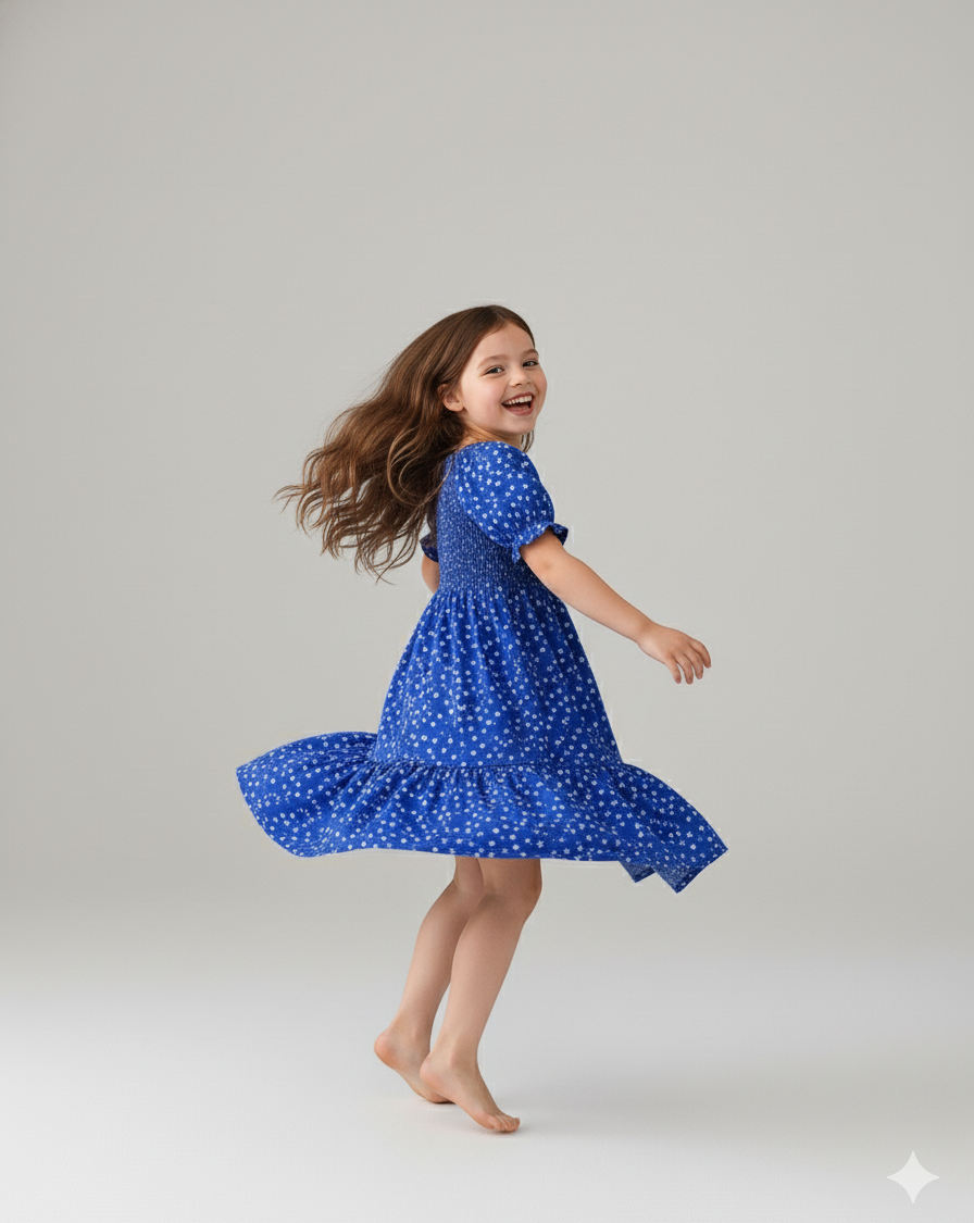 Blue Floral Printed Short Sleeve Midi Kids Dress