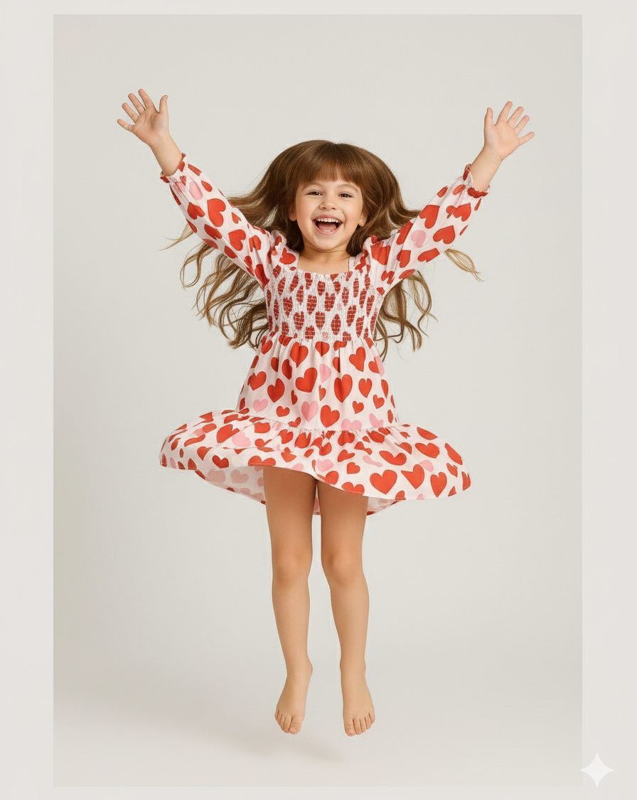 Red & White Heart Theme Full Sleeve Midi Kids Dress