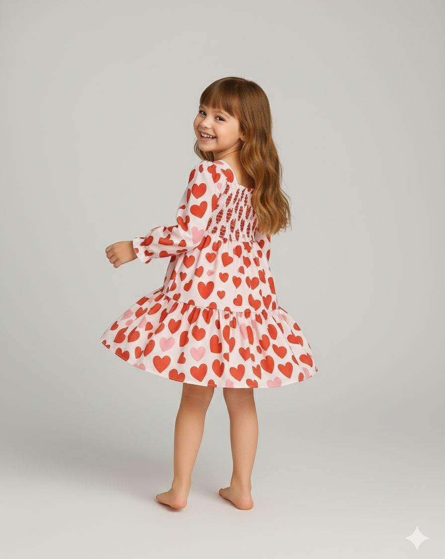 Red & White Heart Theme Full Sleeve Midi Kids Dress