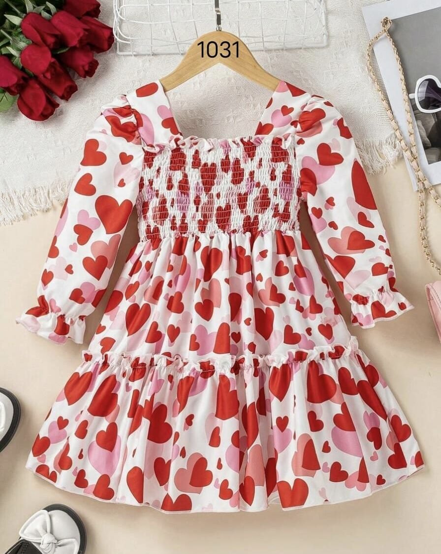 Red & White Heart Theme Full Sleeve Midi Kids Dress