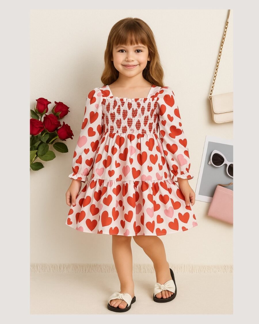 Red & White Heart Theme Full Sleeve Midi Kids Dress
