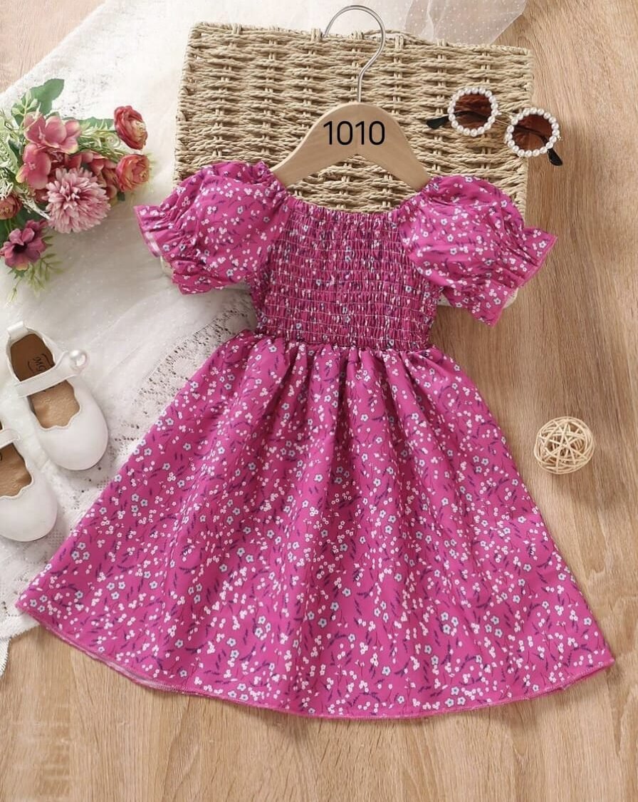 Pink & White Floral Printed Short Sleeve A-Line Kids Dress