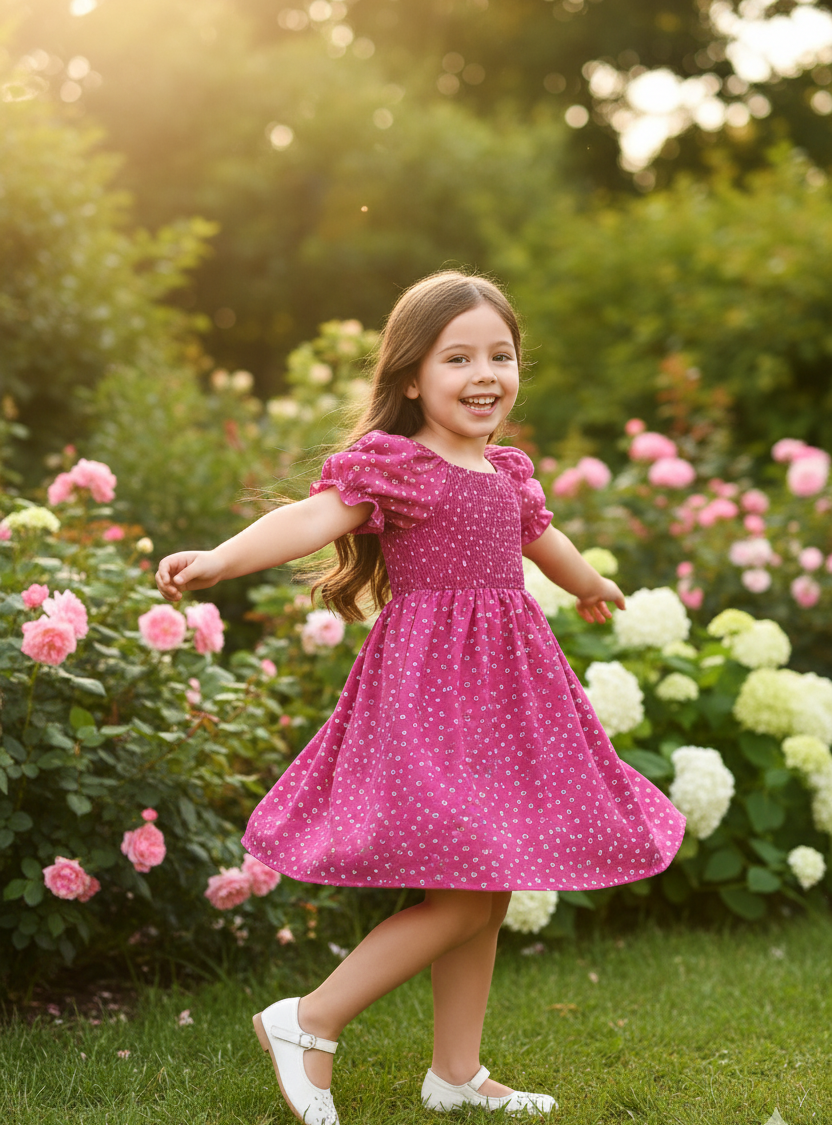 Pink & White Floral Printed Short Sleeve A-Line Kids Dress