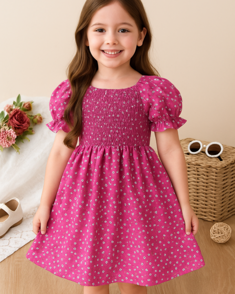 Pink & White Floral Printed Short Sleeve A-Line Kids Dress