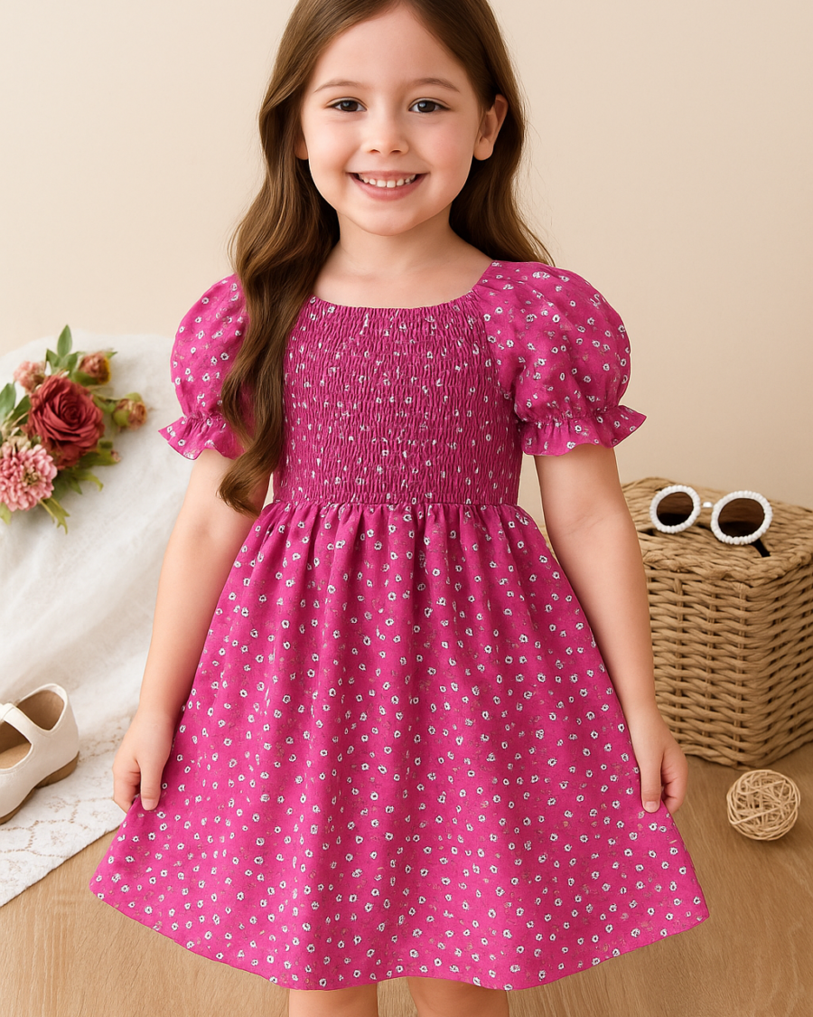 Pink & White Floral Printed Short Sleeve A-Line Kids Dress