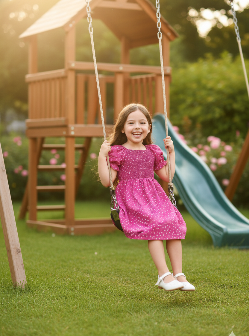 Pink & White Floral Printed Short Sleeve A-Line Kids Dress