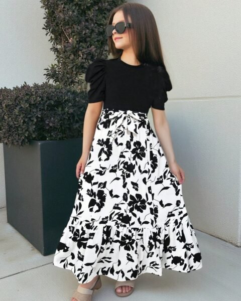 Multicolor Monochrome Blossom Kids Long Dress