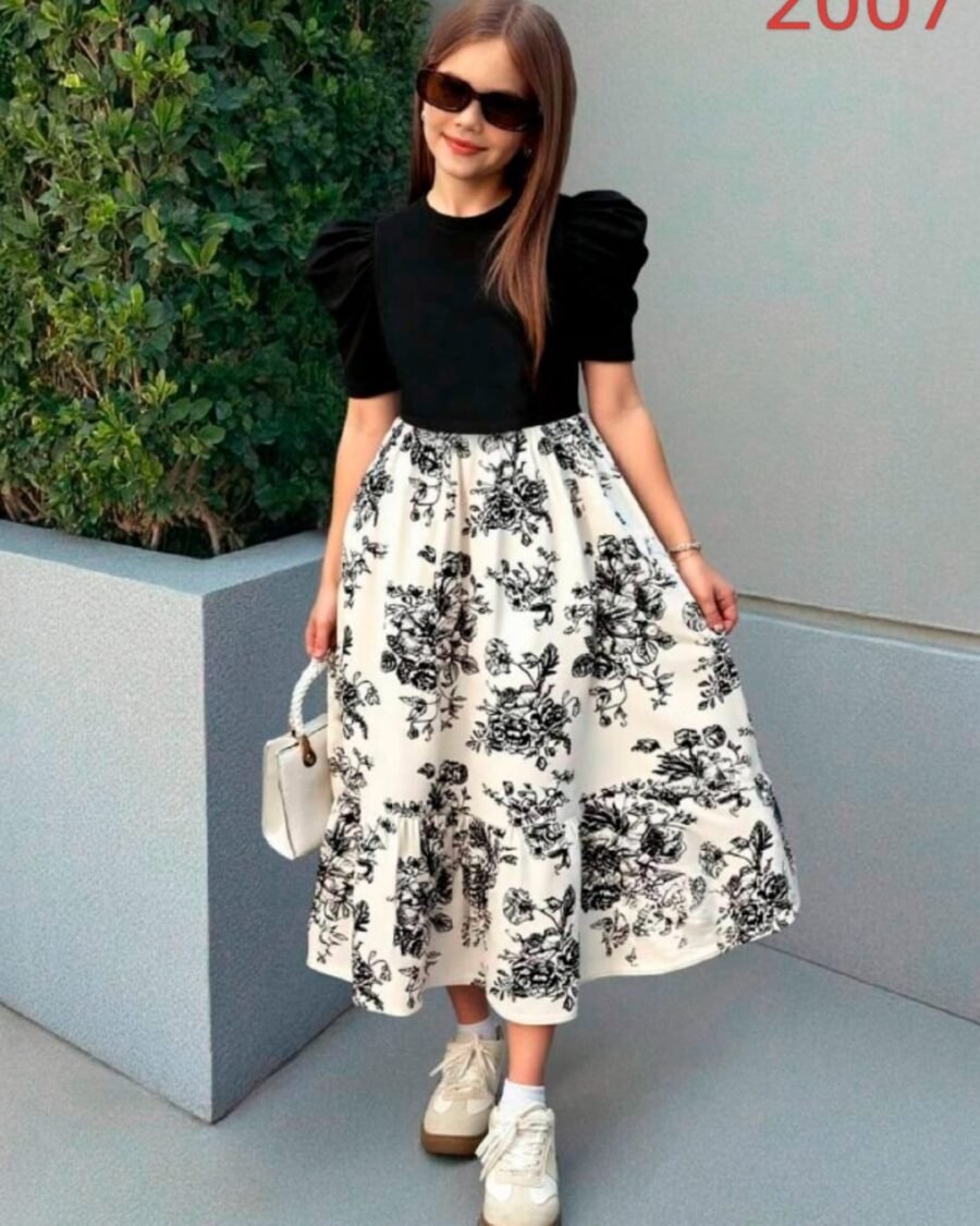 Multicolor Monochrome Blossom Kids Long Dress