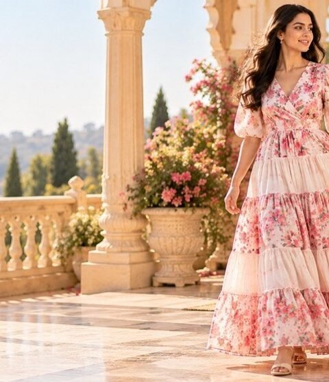 Pink & White Floral Print Tiered Western Dress
