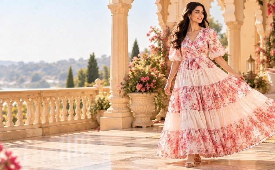 Pink & White Floral Print Tiered Western Dress
