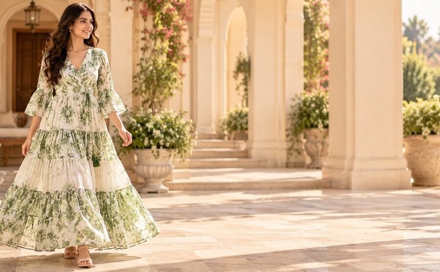 Green & White Tiered Maxi Dress