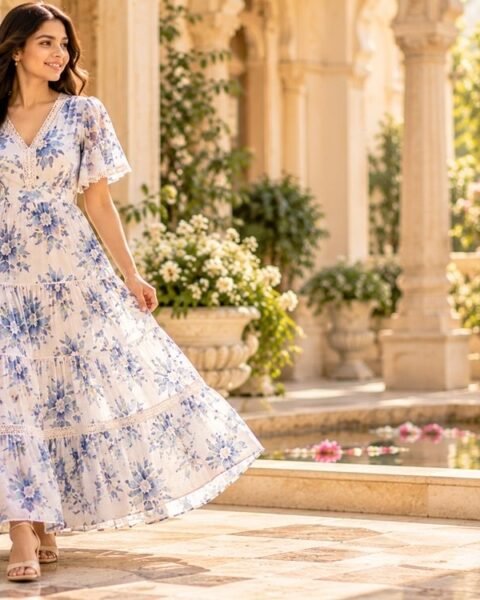 Blue Floral Print Maxi Dress