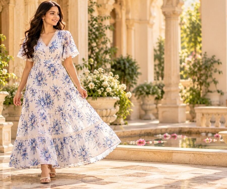 Blue Floral Print Maxi Dress