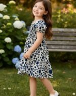 White & Blue Floral Printed Short Sleeve Midi Dress – FACOBE girls dress