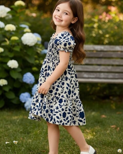 White & Blue Floral Printed Short Sleeve Midi Dress