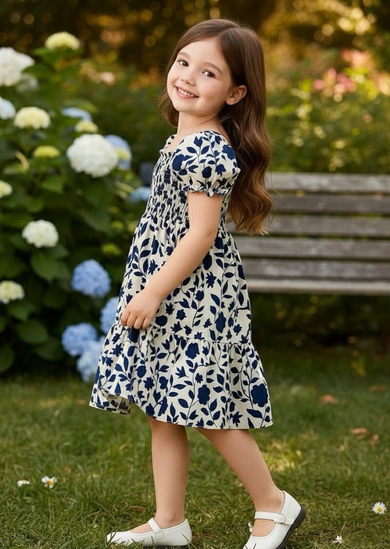 White & Blue Floral Printed Short Sleeve Midi Dress