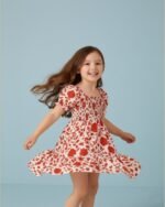 Red & White Floral Printed Short Sleeve A-Line Dress – FACOBE girls dress