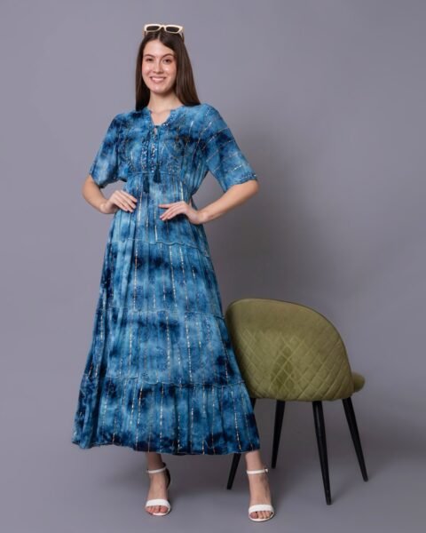 Blue Elegant Maxi Dress With Tie-Dye Pattern