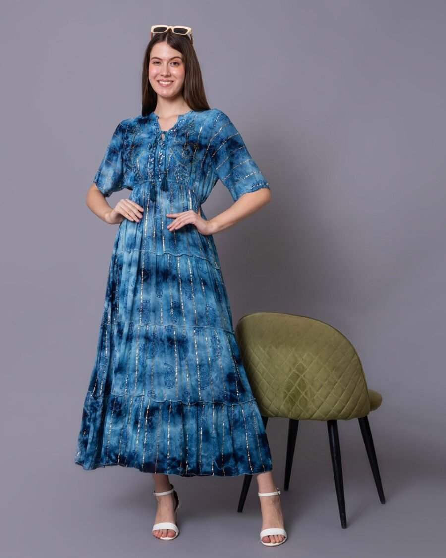 Blue Elegant Maxi Dress With Tie-Dye Pattern