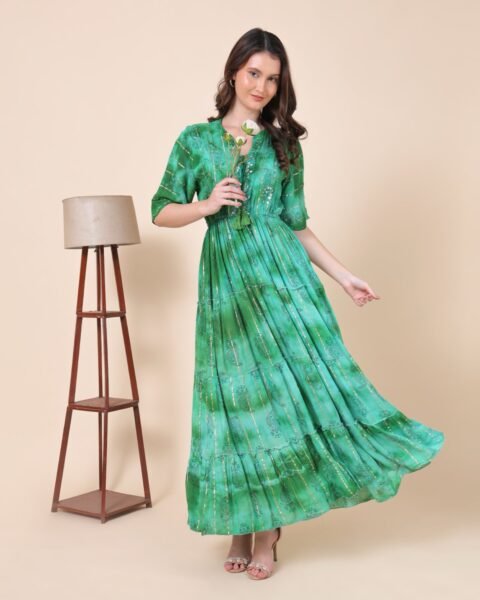 Green Elegant Maxi Dress With Tie-Dye Pattern