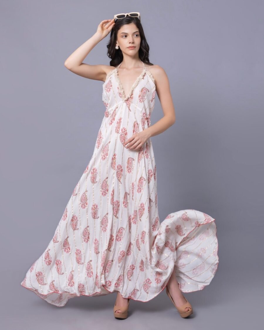 White & Red Floral Print Maxi Dress