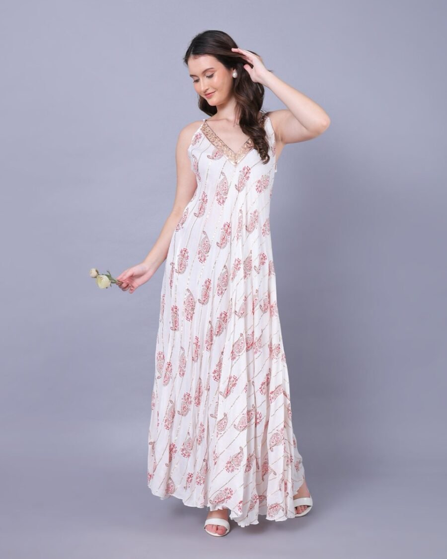 White & Red Printed Maxi Dress