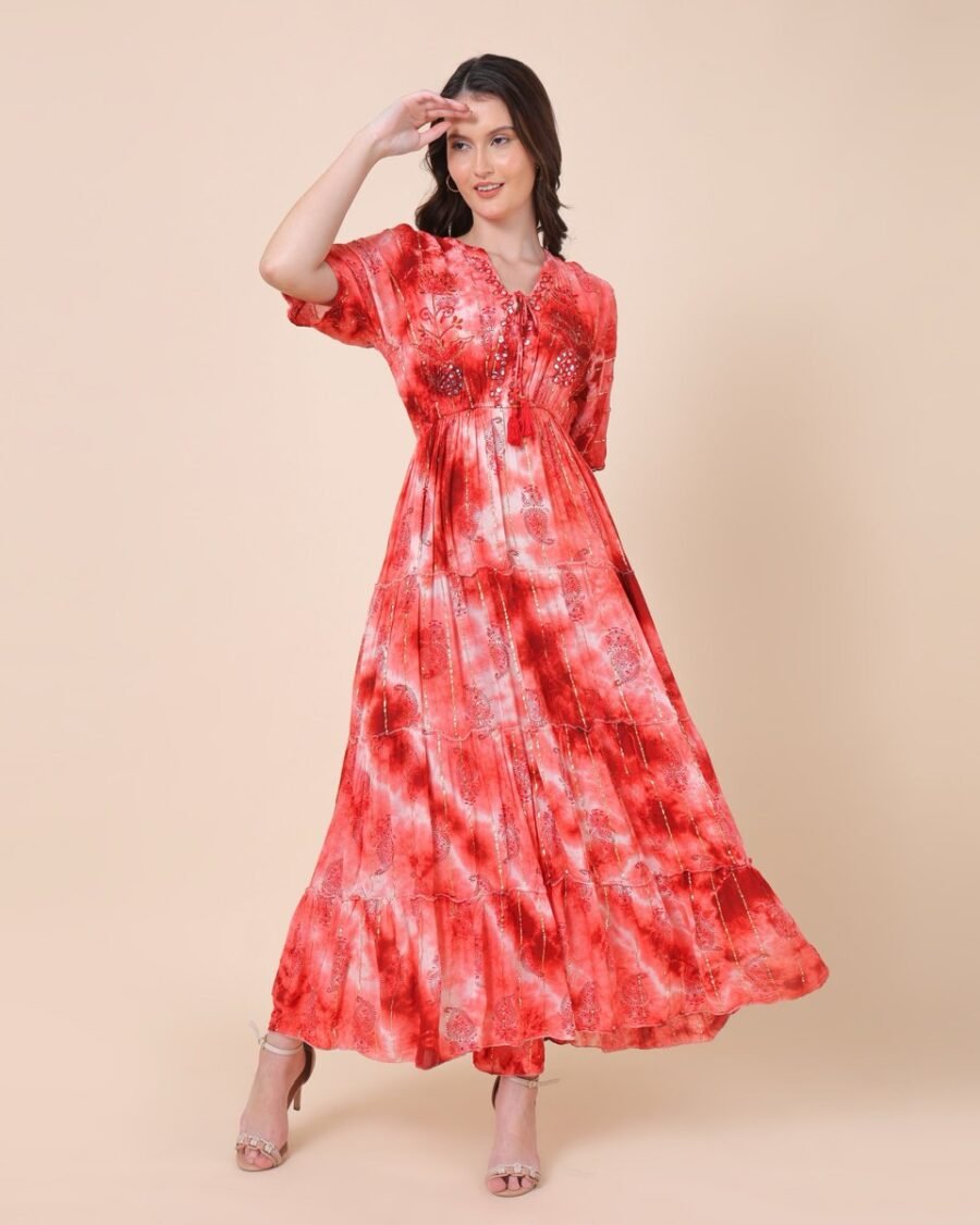 Red Elegant Maxi Dress With Tie-Dye Pattern