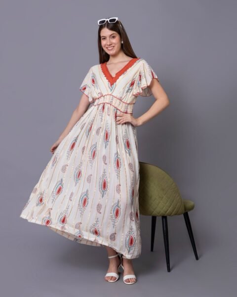 White & Red Floral Print Western Dress
