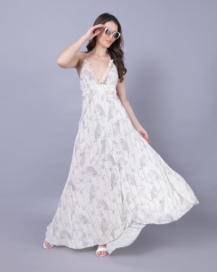 White & Blue Ethnic Grace Maxi Dress