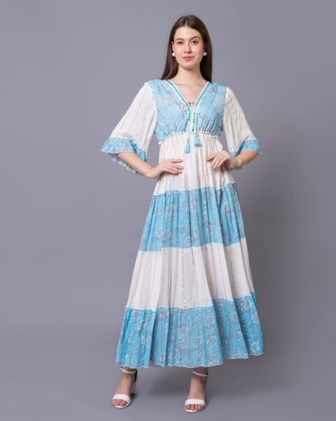 Blue & White Printed Paradise Maxi Dress