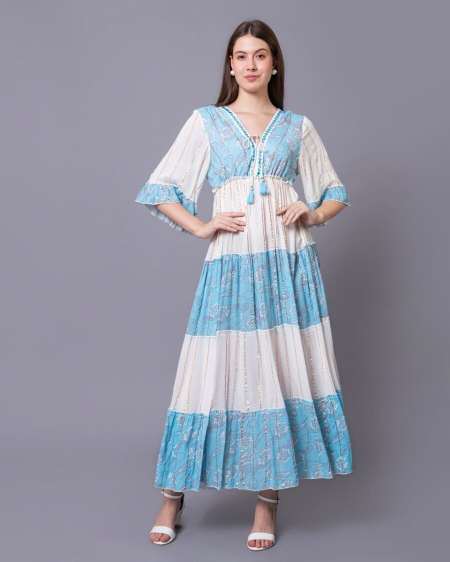 Blue & White Printed Paradise Maxi Dress