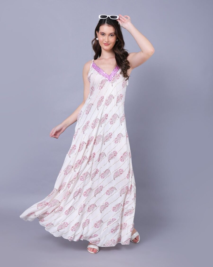 White & Purple Luxe Print Maxi Dress