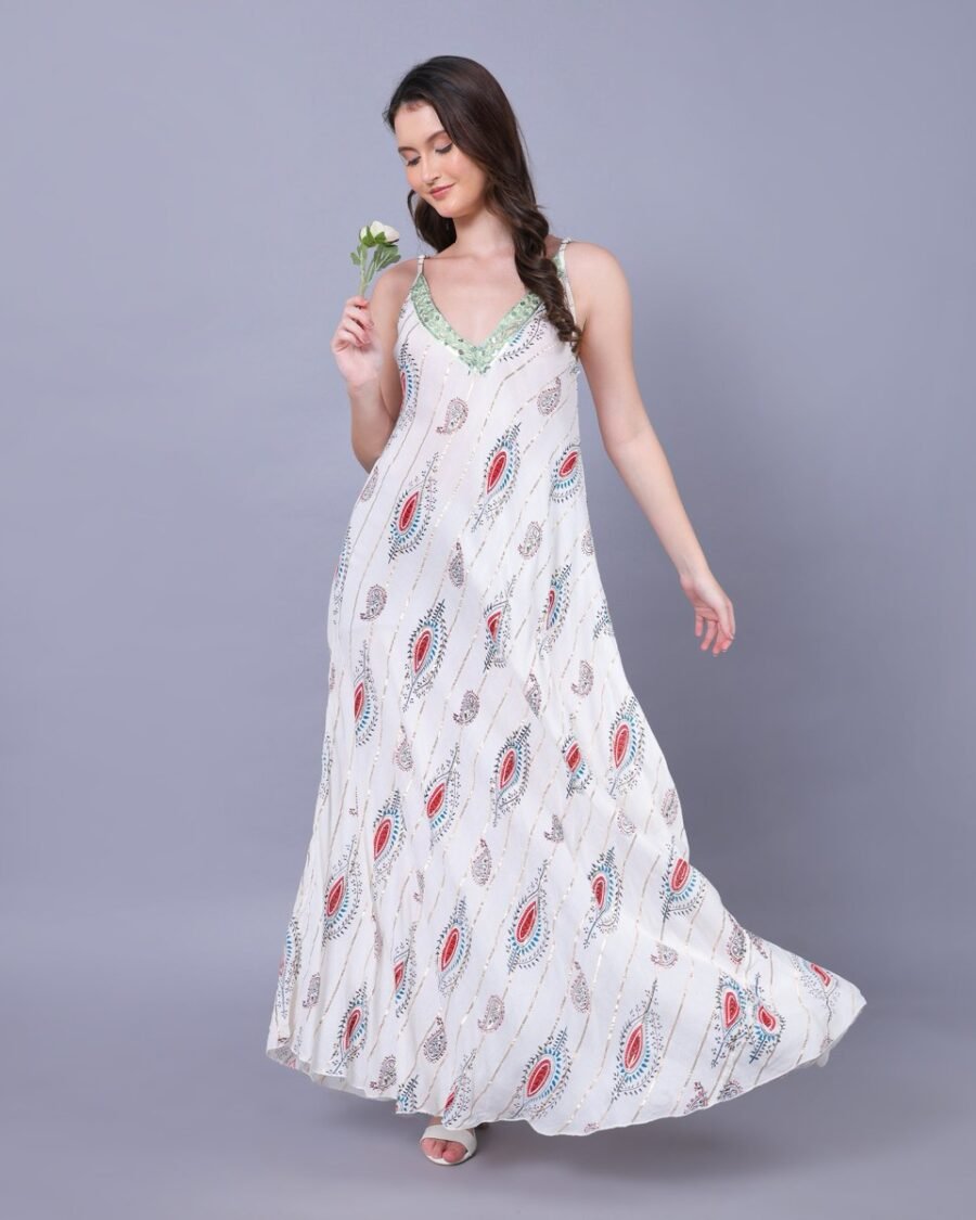White & Green Soft Silk Maxi Dress