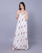 White & Green Soft Silk Maxi Dress – FACOBE women’s dress