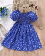 Blue Floral Printed Short Sleeve Midi Dress – FACOBE girls dress