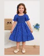 Blue Floral Printed Short Sleeve Midi Dress – FACOBE girls dress