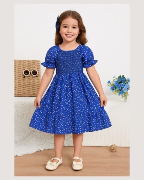 Blue Floral Printed Short Sleeve Midi Dress