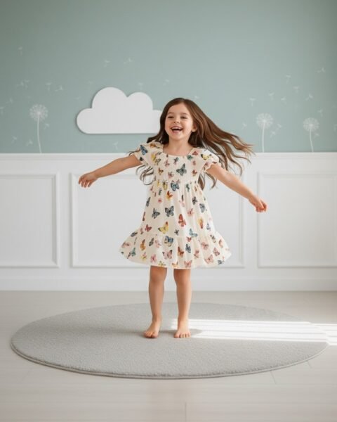 Multicolor Butterfly Printed Short Sleeve Dress