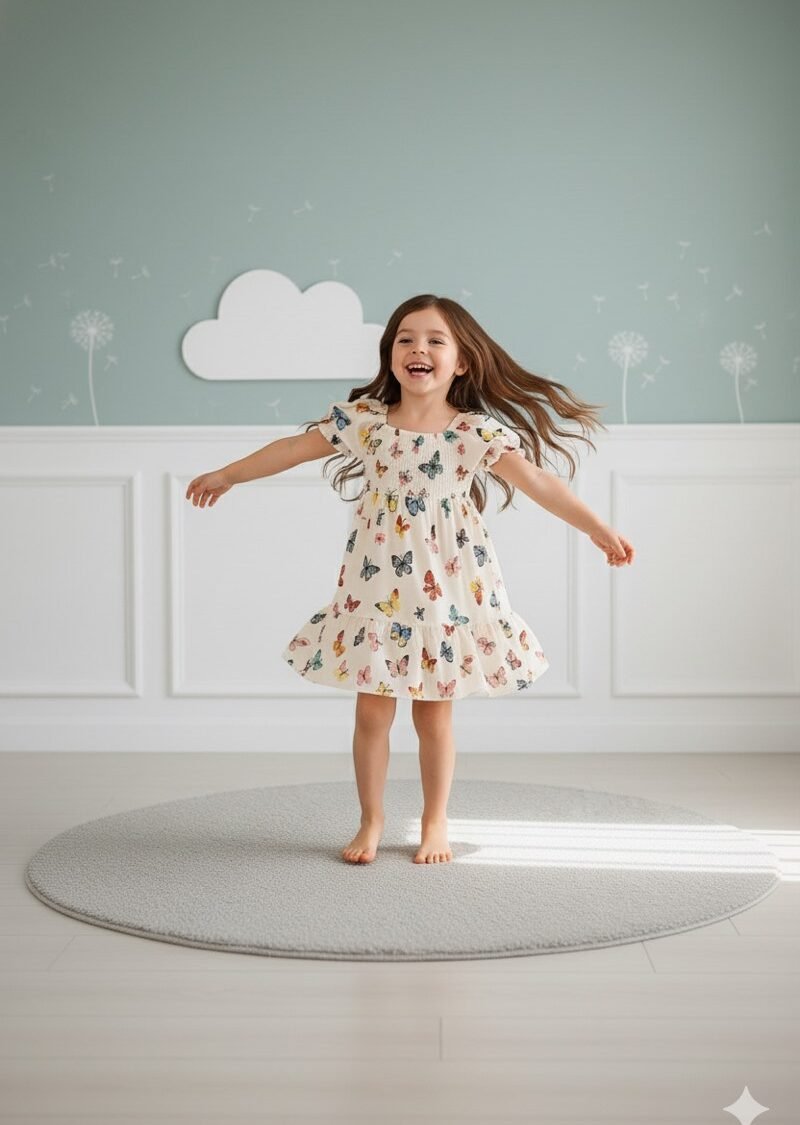 Multicolor Butterfly Printed Short Sleeve Dress