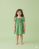 Green Flower Printed Short Sleeve Dress – FACOBE girls dress