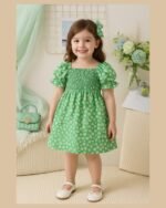 Green Flower Printed Short Sleeve Dress – FACOBE girls dress