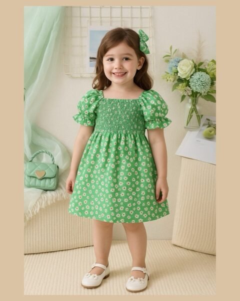 Green Flower Printed Short Sleeve Dress