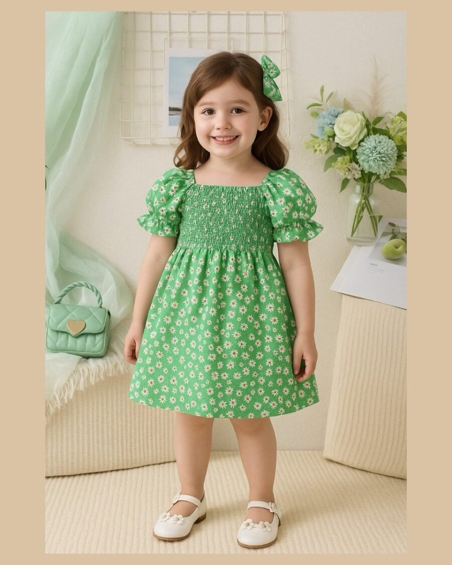 Green Flower Printed Short Sleeve Dress