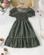 Green Floral Printed Short Sleeve A-Line Dress – FACOBE girls dress