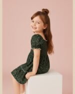 Green Floral Printed Short Sleeve A-Line Dress – FACOBE girls dress