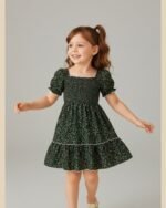 Green Floral Printed Short Sleeve A-Line Dress – FACOBE girls dress